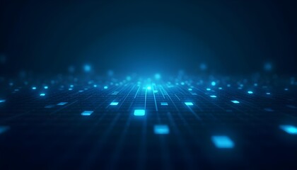 Obraz premium Minimalist tech grid with glowing squares and subtle light effects, cool blue tones, flat design style .