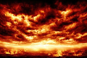 Inferno sky, fiery clouds, burning landscape