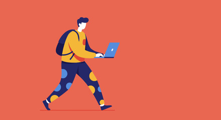 Dynamic illustration of a young person walking with a backpack, actively using a laptop. Represents modern remote work, education, and digital lifestyle on the go.