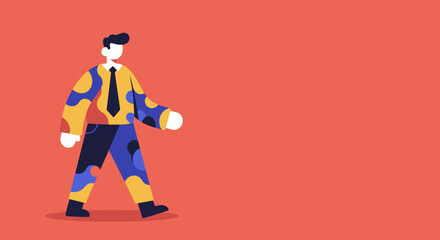 Abstract illustration of a stylish man in a vibrant, patterned suit walking with purpose. Represents individuality, modern business, and creative forward movement.