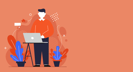 Flat illustration of a man working on a laptop in a modern, abstract environment with plants. Represents remote work, online business, and digital productivity.