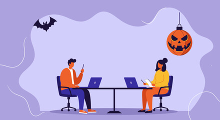 Two colleagues work on laptops in a festive office setting decorated for Halloween with a jack-o'-lantern and bat. Ideal for seasonal business, remote work, or holiday marketing concepts.