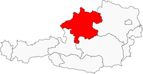 A detailed map of Austria highlighting the Upper Austria state (Oberösterreich). Ideal for business, tourism, or regional studies.

