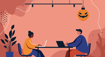 Diverse colleagues work on laptops at a modern office table, under festive Halloween decor. Ideal for business, hybrid work, collaboration, and seasonal workspace themes.