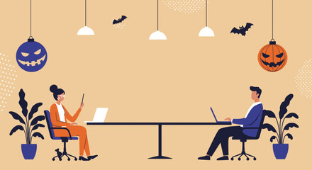 Professionals collaborating in a Halloween-decorated office, featuring a woman with a pointer and a man with a laptop, reflecting festive seasonal business activity.