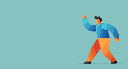 Modern illustration of a dynamic person walking with a raised hand, conveying welcome, action, or forward progress in business and lifestyle concepts.
