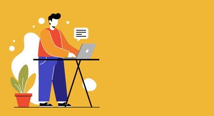 A modern flat design illustration depicts a man working on a laptop at a standing desk, ideal for digital content creation.