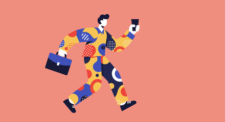 Dynamic illustration of a busy person rushing with a briefcase and phone, symbolizing modern business, productivity, and an active lifestyle.