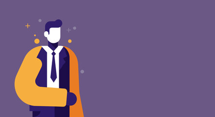Dynamic illustration of a confident businessman wearing a suit and flowing cape, symbolizing leadership, success, and innovation in the corporate world.