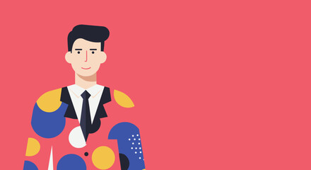 Modern illustration of a smiling man in a vibrant, abstract-patterned suit and tie, representing individuality and creativity in business.