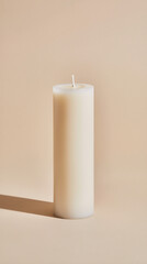 A new white pillar candle is placed in the center of a warm beige background, with visible wax details and calm, soft lighting