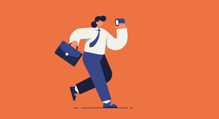 Determined business professional runs forward with a briefcase and monocular, symbolizing vision, future exploration, opportunity, and career ambition. Ideal for business concepts.