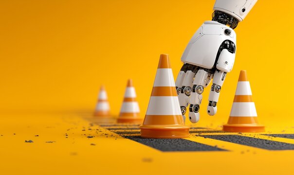 A futuristic robotic hand carefully touches traffic cones, with an eye-catching yellow backdrop. The scene conveys innovation and technology.