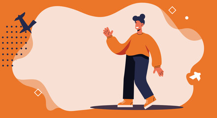 Friendly illustration of a person waving with a welcoming gesture, set against a vibrant travel-themed background. Ideal for greetings, journey, or lifestyle concepts.