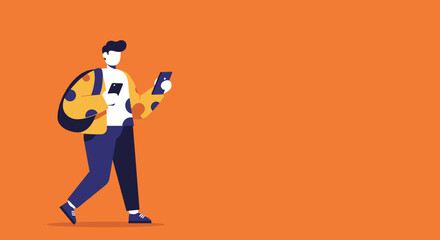 Young person walking, engaged with two smartphones, symbolizing digital connectivity, modern lifestyle, and multitasking. Perfect for technology, communication, and education concepts.