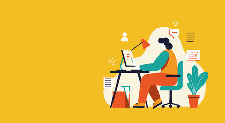 Person working on a laptop at a modern desk, surrounded by elements of productivity and digital communication. Perfect for business, remote work, and online learning concepts.