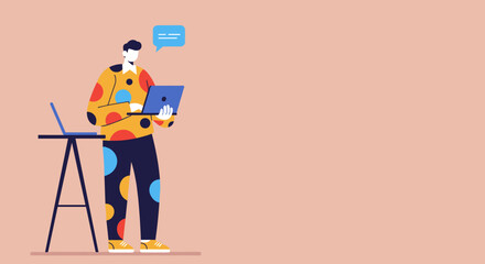 Modern man efficiently works remotely with laptops, engaging in online communication. Ideal for freelance, digital business, and connected lifestyle concepts.