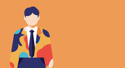 Stylized male figure in a vibrant, abstract patterned suit and tie on an orange background. Represents business professionalism with modern creativity and individuality.