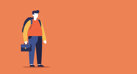 Modern professional illustration of a man with a backpack and briefcase, suitable for business, education, or travel concepts. Ample copy space.