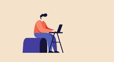 Stylized illustration of a person focused on work using a laptop. Ideal for themes of remote work, online learning, business, and modern digital lifestyle.