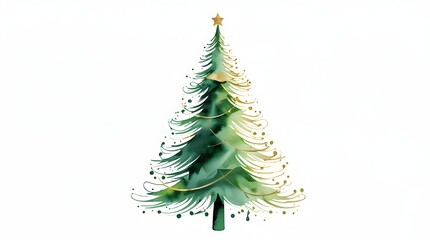 Christmas tree line drawing illustration with subtle watercolor accents in green and gold,