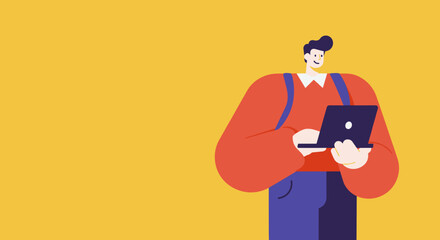 Happy cartoon man using laptop against a vibrant yellow background, symbolizing remote work, online learning, or digital communication. Ideal for technology, business, or education concepts.