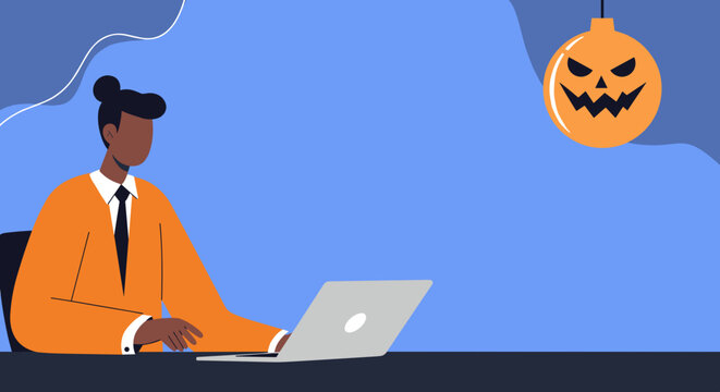 Professional working on laptop, surrounded by a Halloween pumpkin ornament. Blends work and holiday spirit, ideal for business, technology, or seasonal themes.