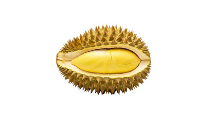 Durian fruit is cut open revealing yellow flesh and spiky outer shell in the image.