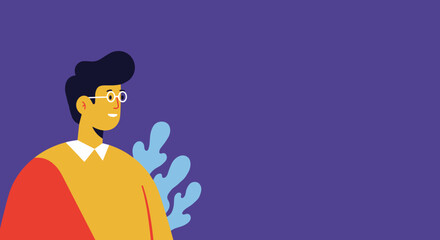 Smiling, confident person with glasses against a purple background, ideal for business, education, or lifestyle concepts with copy space.