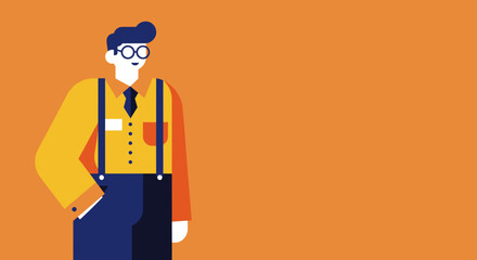 Professional flat design illustration of a friendly man in glasses and suspenders, ideal for business, customer service, or modern communication concepts. Vibrant orange background with copy space.