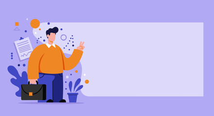 Professional man in orange sweater holding a briefcase and showing a peace sign, symbolizing success and positive business outcomes. Ideal for presentations.