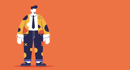 A stylish male character in a modern flat design illustration stands confidently against a vibrant orange background, perfect for digital marketing assets.