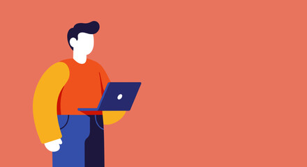 Stylish vector illustration of a person using a laptop against a coral background, ideal for technology, digital work, or online learning concepts.