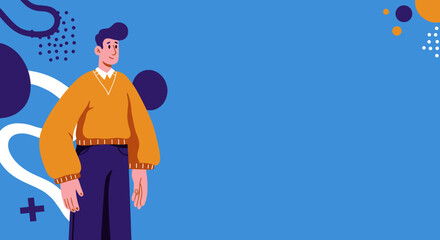 Happy young man in a casual sweater stands confidently against a vibrant abstract background, offering a friendly and approachable presence for design, business, or lifestyle concepts.