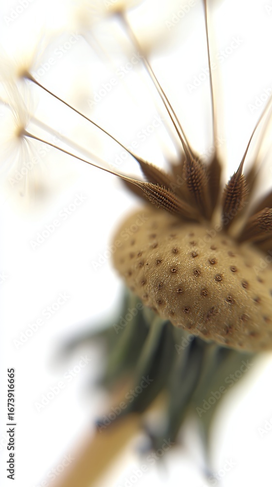 Poster close-up view of a dandelion seed head illuminated by soft backlight showcasing delicate fibers agai