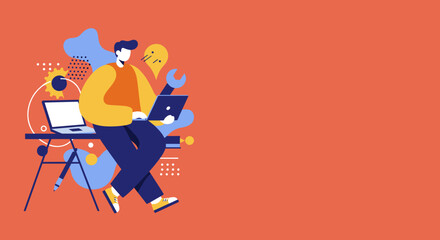 Man working on a laptop with abstract tech elements, symbolizing digital work, IT support, online learning, or modern business solutions.