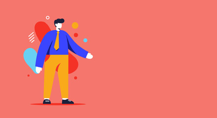 Minimalist illustration of a professional man in blue and yellow, gesturing on a vibrant abstract background. Ideal for business, marketing, or communication designs with ample copy space.