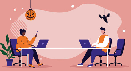 Two diverse professionals work on laptops at a long table, featuring Halloween decorations like a pumpkin and bat. Captures remote work, office collaboration, or holiday spirit.