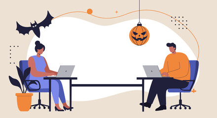 Two professionals working on laptops in a festive Halloween-themed office. This illustration highlights seasonal business tasks, remote work, and digital collaboration.