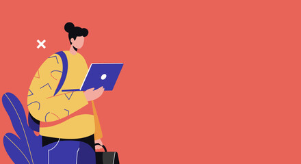 Stylish woman in a modern illustration, focused on her laptop, ready for work or travel. Ideal for business, education, or freelance themes with copy space.