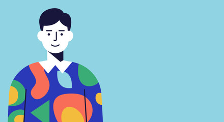 Friendly illustrated person with a colorful, abstract shirt smiling on a blue background. Ideal for modern business, communication, or lifestyle design projects.