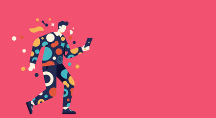Modern man in colorful attire walking, engaged with a mobile device. Represents digital communication, technology, and connected lifestyle. Ideal for business and social media concepts.