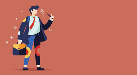 Creative businessman planning or brainstorming new ideas, holding a briefcase and pencil. Ideal for business, education, and innovation concepts.