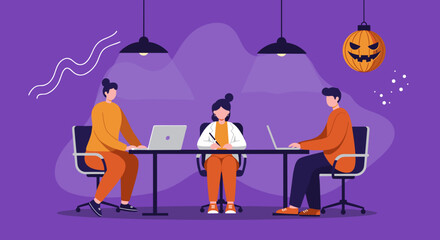 Team working diligently in an office with a festive Halloween pumpkin, blending productivity with holiday spirit.