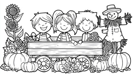 Children in a wagon with fall harvest imagery