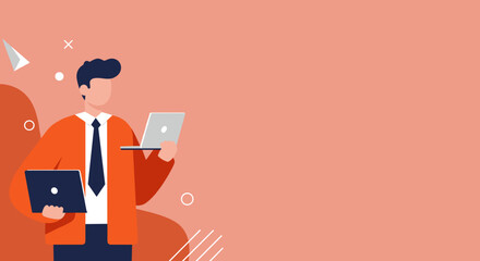 Professional man holding two laptops, symbolizing multitasking and technology in business. Ideal for concepts of productivity, digital work, and innovation.