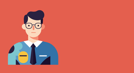 Flat design illustration of a professional man in glasses, wearing a blue shirt and tie, with a negative symbol badge. Ideal for business concepts, finance, or corporate themes.