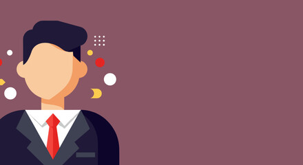 Professional man in a suit and red tie, surrounded by abstract shapes representing ideas, communication, and business concepts. Ideal for corporate, management, and marketing themes.