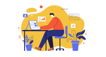 Person working productively on a laptop at a desk, surrounded by abstract elements representing online communication, data, and tasks. Ideal for business, remote work, or technology concepts.