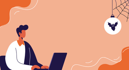 Illustration of a man working on a laptop in a festive Halloween-themed office setting, perfect for seasonal business promotions and digital content.